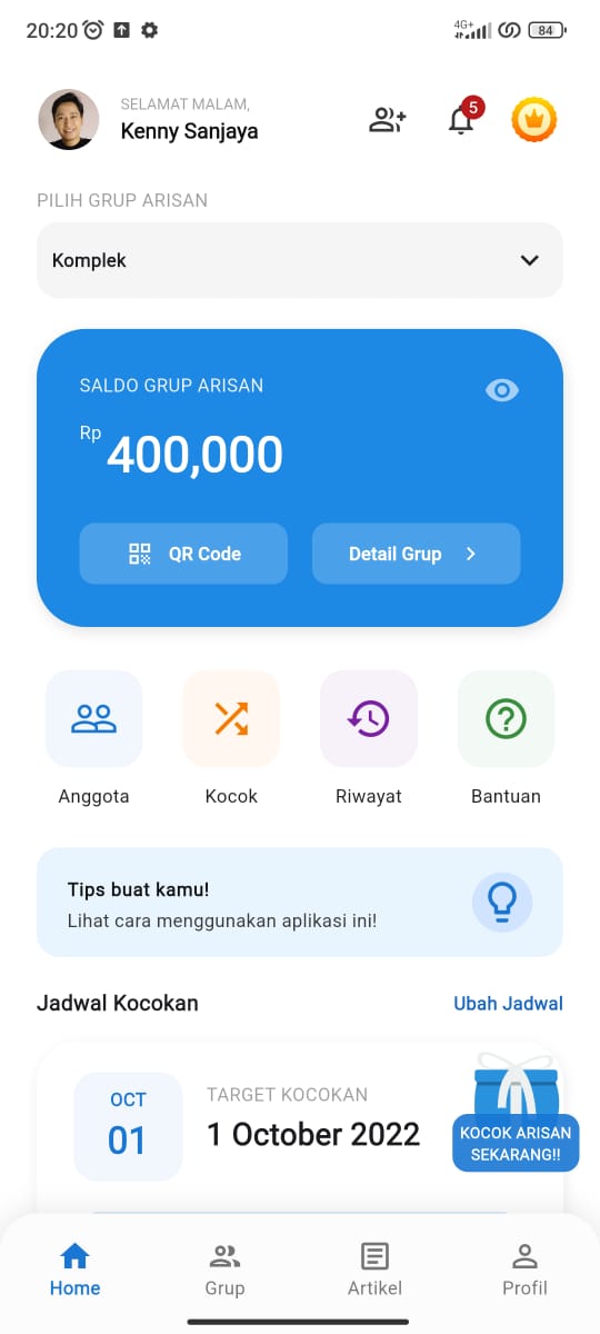 Tampilan utama aplikasi Arisan Digital